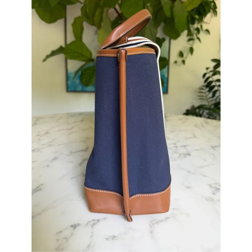 Tory Burch Perry Navy Multi Stripe Canvas Leather Triple Compartment Tote